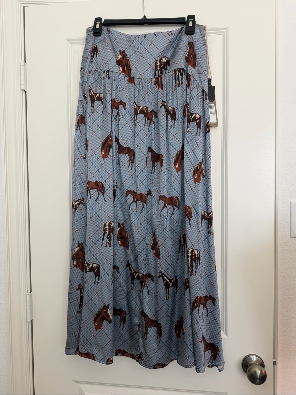 Double D Women's Horse Print Maxi Skirt in Light Blue and Brown - Picture 4 of 7